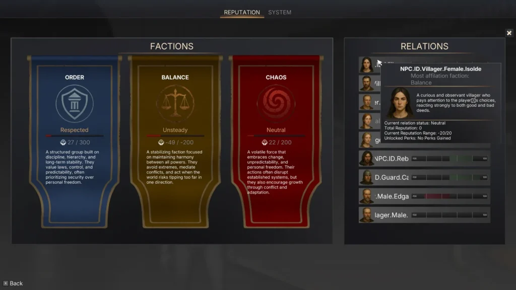 Faction reputation screen