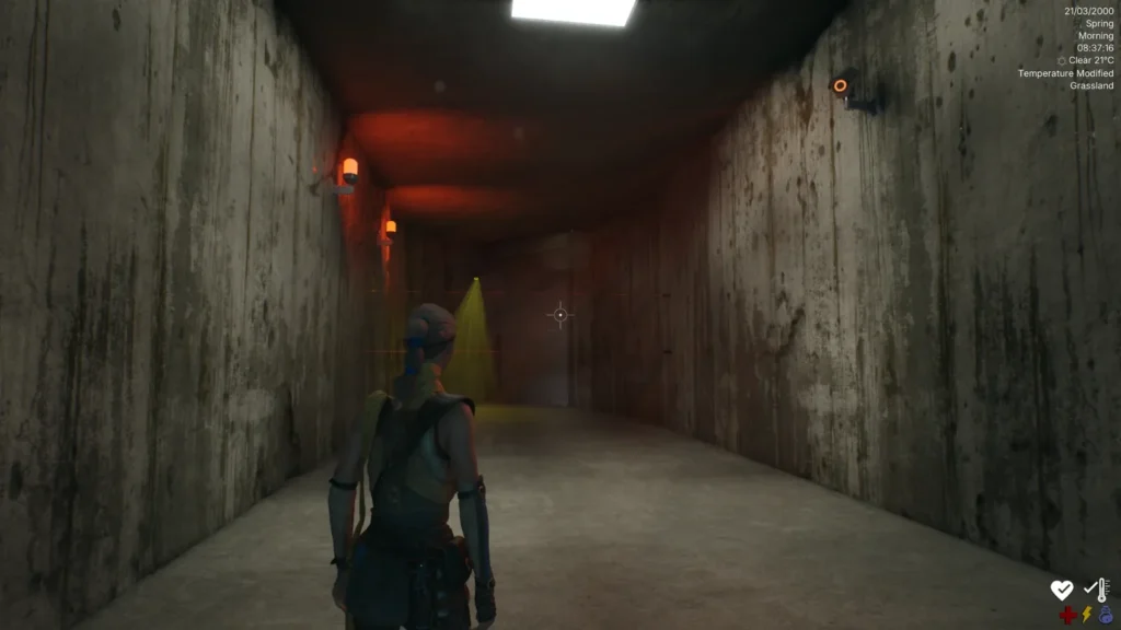 Corridor with a security camera and alarm lights
