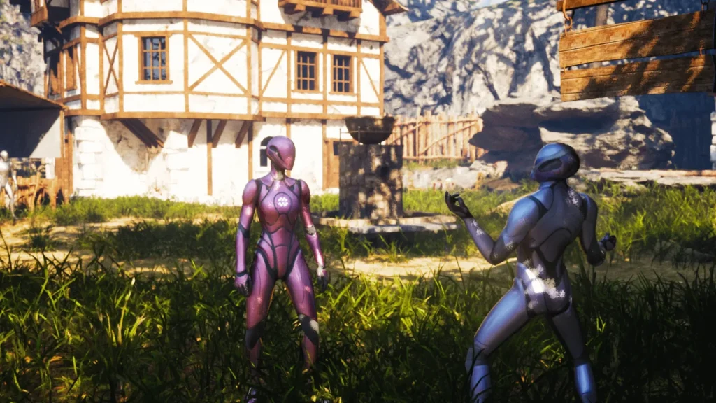 Two characters in a village built with Games By Hyper systems
